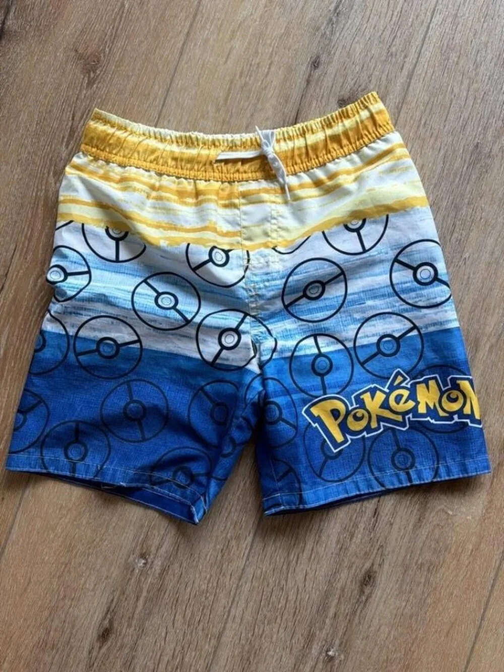 Pokemon Swim Trunks Poke Ball Yellow White Stripes Drawstring Boys Medium